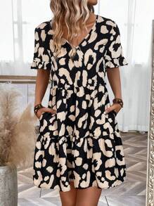 SHEIN LUNE 隨機印花v領短袖連身裙 - 黑色 - 查看 5