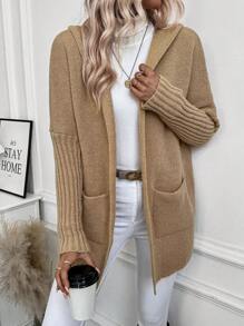 SHEIN LUNE Hooded Cardigan With Patch Pockets Fall Winter Cloth For Women - Khaki - View 3