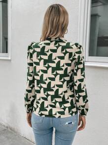 SHEIN LUNE 女款全印花凹口泡泡袖襯衫 - 綠色 - 查看 2