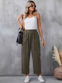 SHEIN LUNE Chất rắn Túi Kép Quần - xanh quân đội - Xem 3