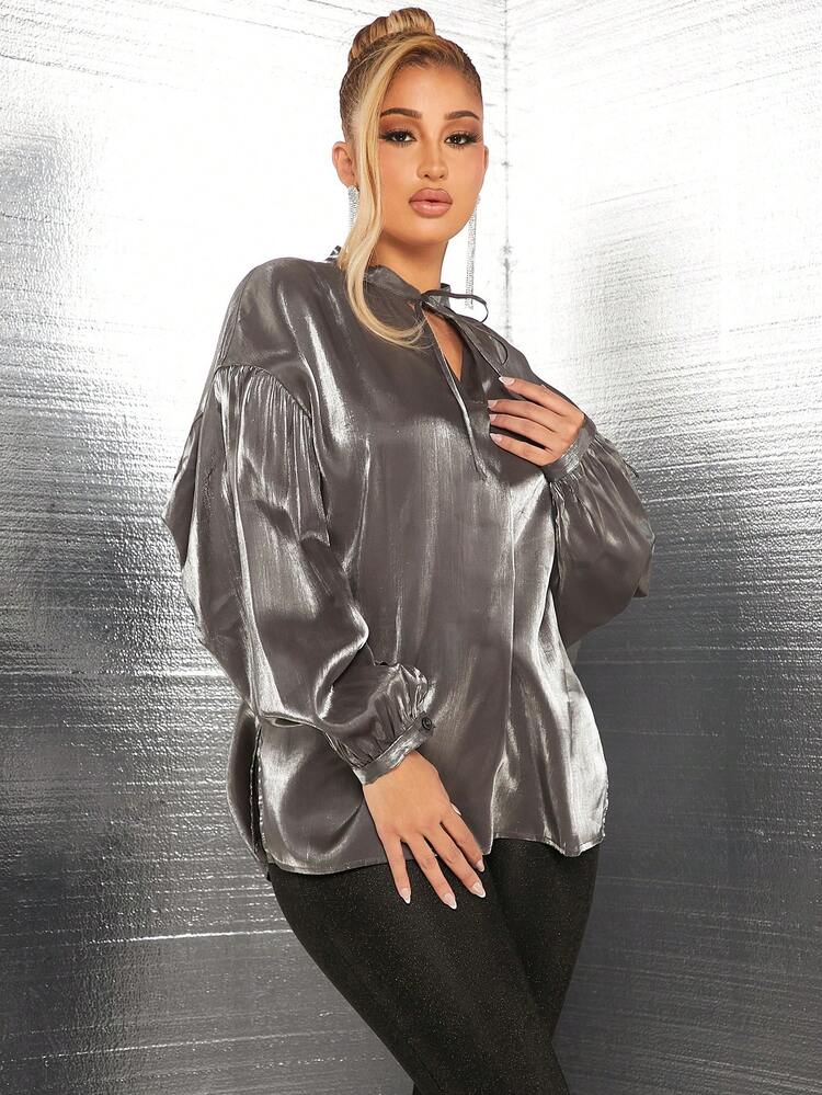sexy outfits club Women's Drop Shoulder Glitter Fabric Tie Neck Blouse
