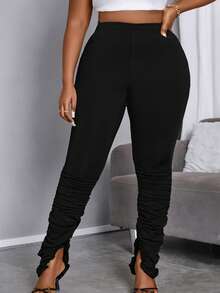 Maweii Của phụ nữ Kích thước lớn Màu thuần Xếp li Viền chia cắt Xà cạp - màu đen - Xem 3