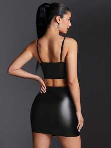 SHEIN BAE Rhinestone Decor Cami Top And Pu Skirt Set - Black - View 2