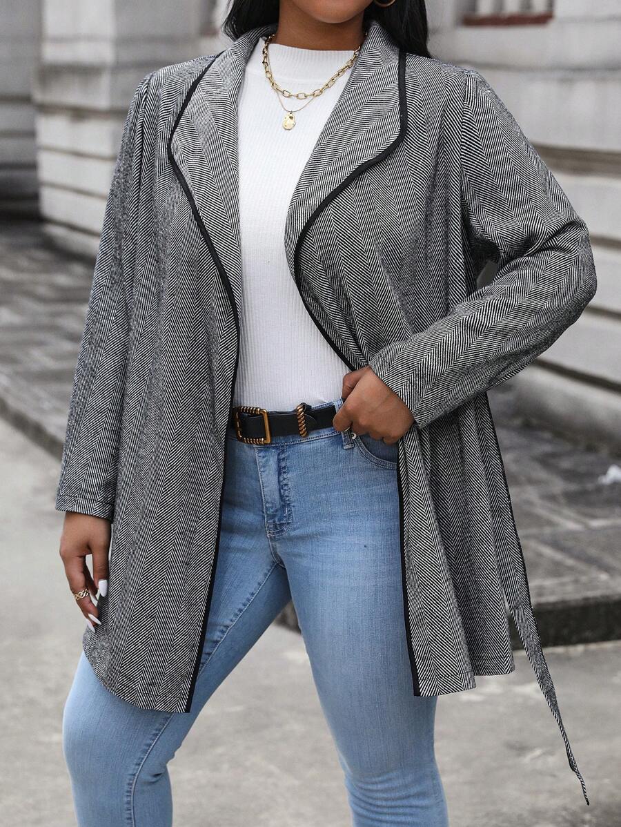 SHEIN Unity Plus Size Houndstooth Edge Splicing Jacket With Waist Belt - Multicolor - View 1