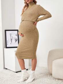 SHEIN Maternity Turtleneck Ribbed Slim Fit Nursing Dress - Khaki - View 4