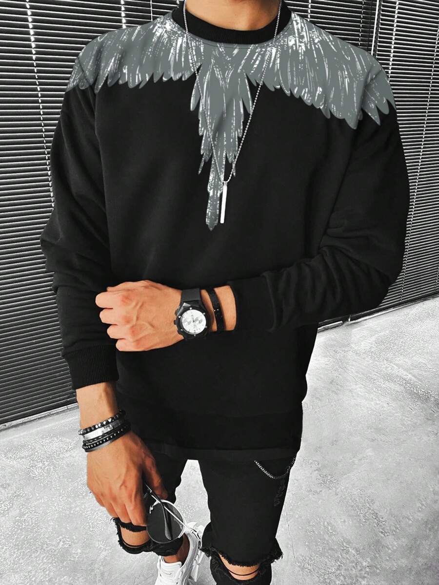 Manfinity LEGND 男士翅膀印花運動衫 - 黑色 - 查看 1