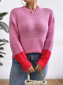 Celure Jersey De Talla Grande Para Mujer Con Cuello Redondo, Bloque De Color Y Hombro Caído