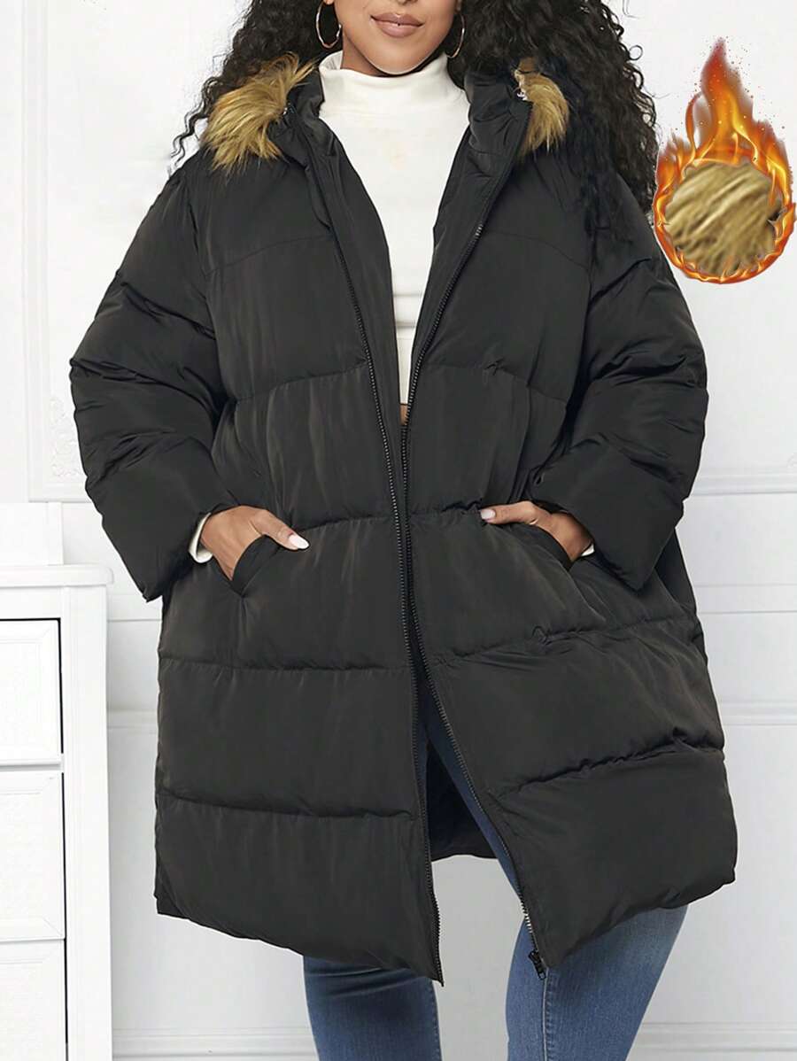 SHEIN CURVE+ Plus Slant Pockets Fuzzy Trim Hooded Padded Coat, For Winter Fall Autumn