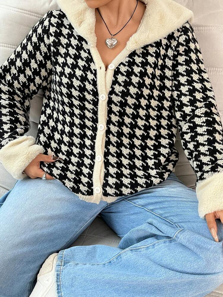 Plus Size Women's Houndstooth Check Pattern Cardigan With Fur Collar
