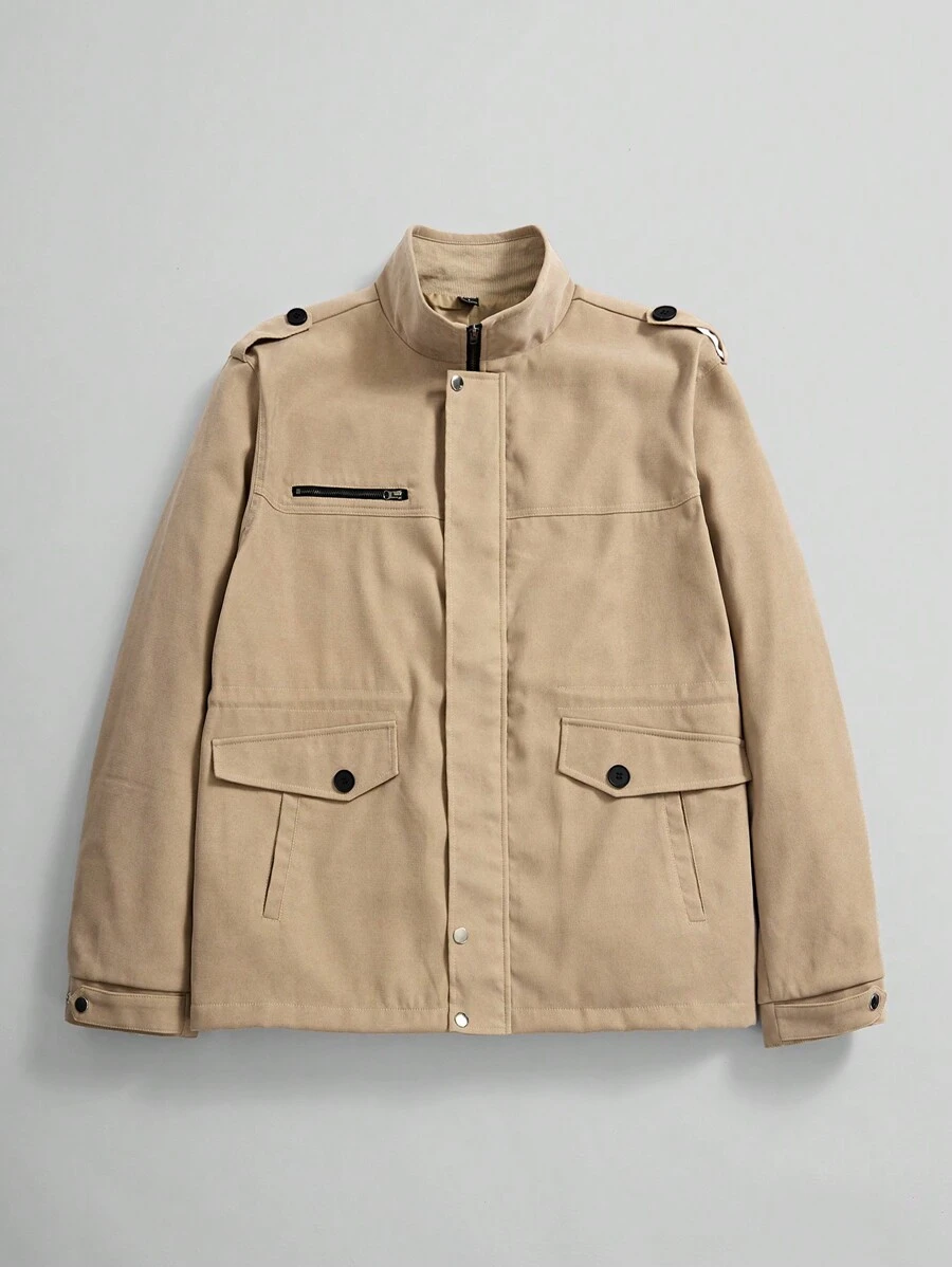 Manfinity Hypemode Loose Fit Men's Zipper Jacket With Flap Detail - Khaki - View 1