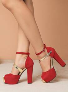 Women's Fashion High Heel Sandals With Buckle Design, Metallic Style, Comfortable Like Scarf, New 2025 Model, Sexy For Nightclub Party, Plus Size Round Toe 12.5CM High Heel Platform Sandals, Red