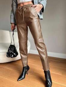 EURMUSE Ladies' Drawstring Waist Tapered Pants - Camel - View 4