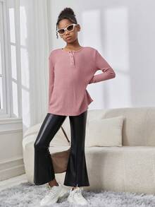 SHEIN Cô gái Đúng mốt Thanh lịch Dệt kim Màu thuần Cổ thuyền viên Tay áo dài Áo - Hồng - Xem 6