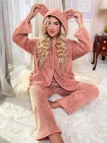 Của phụ nữ Màu thuần áo có mũ Sang trọng Đồ ngủ Bộ - Bụi hồng - Xem 4