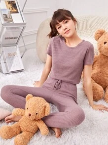 SHEIN 少女針織純色格子呢紋短t恤和長褲套裝,緊身家居服裝 - 藕粉色 - 查看 1