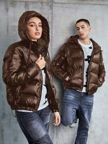 Manfinity VCAY 1pc Loose Fit Solid Color Drawstring Hooded Padded Coat, For Fall Winter - Brown - View 4