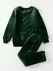 SHEIN Young Girl Cartoon Graphic Flannel Sweatshirt & Pants - Green - View 2