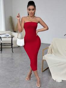 SHEIN SXY Solid Color Backless Strapless Dress,Prom Dress