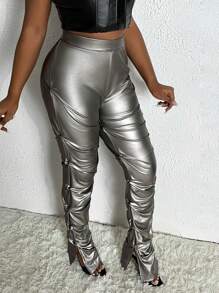 Slaydiva Plus Split Hem Ruched PU Leather Pants