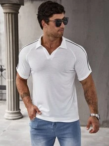 Manfinity Homme Polo De Hombre Con Manga Raglán Y Costura Lateral Con Patchwork - Blanco - Ver 3