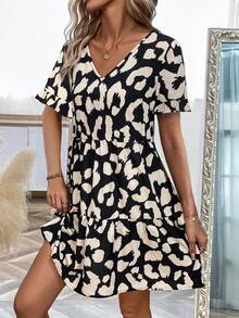 SHEIN LUNE 隨機印花v領短袖連身裙 - 黑色 - 查看 6