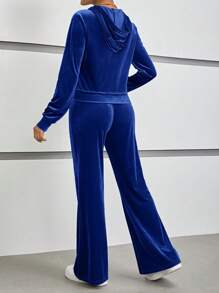 SHEIN EZwear 針織連帽衫+無肩帶短上衣+鬆緊腰長褲套裝 - 寶藍色 - 查看 2