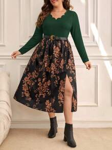 SHEIN Frenchy Bloemen Geprint Grote maten Vrouwen Hoge gleuf Jurken ( Riemen Niet inbegrepen. )