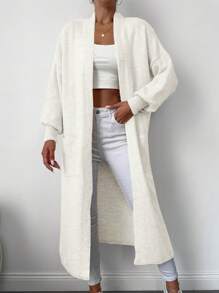 EURMUSE Dual Pocket Drop Shoulder Longline Duster Cardigan - White - View 5