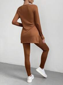 SHEIN Essnce Của phụ nữ Bên Khe Tay áo dài Áo thun Và Xà cạp Bộ - màu nâu - Xem 4