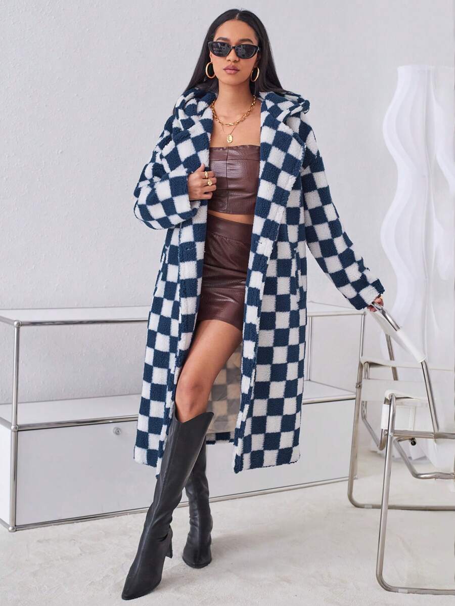 Aveloria Checker Plaid Turn-Down Collar Hooded Coat Fall Cloth For Women - Blue and White - View 1