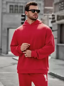 Manfinity VCAY Bộ 2 áo nỉ dệt kim họa tiết vương miện cỡ lớn dành cho nam và quần nỉ thường ngày, dành cho mùa thu đông - Đỏ - Xem 2