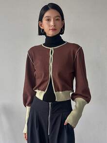 FRIFUL Round Neck Color Block Cardigan - Coffee Brown - View 8