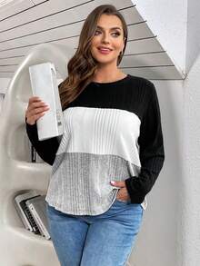 SHEIN Essnce Kích thước lớn Của phụ nữ Màu sắc Chặn Vòng cổ Tay áo dài Áo thun - Nhiều màu - Xem 4