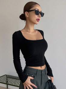 DAZY Màu thuần Thon gọn Scoop Cổ Tay áo dài Áo thun - màu đen - Xem 5