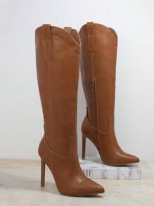 SHUZIA 女士棕色尖頭高跟高筒靴，適合日常外出、聚會和聚會 - 棕色 - 查看 2