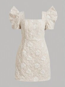 SHEIN Girlism 少女編織提花有方領口和束腰褲裙 - 米色 - 查看 1