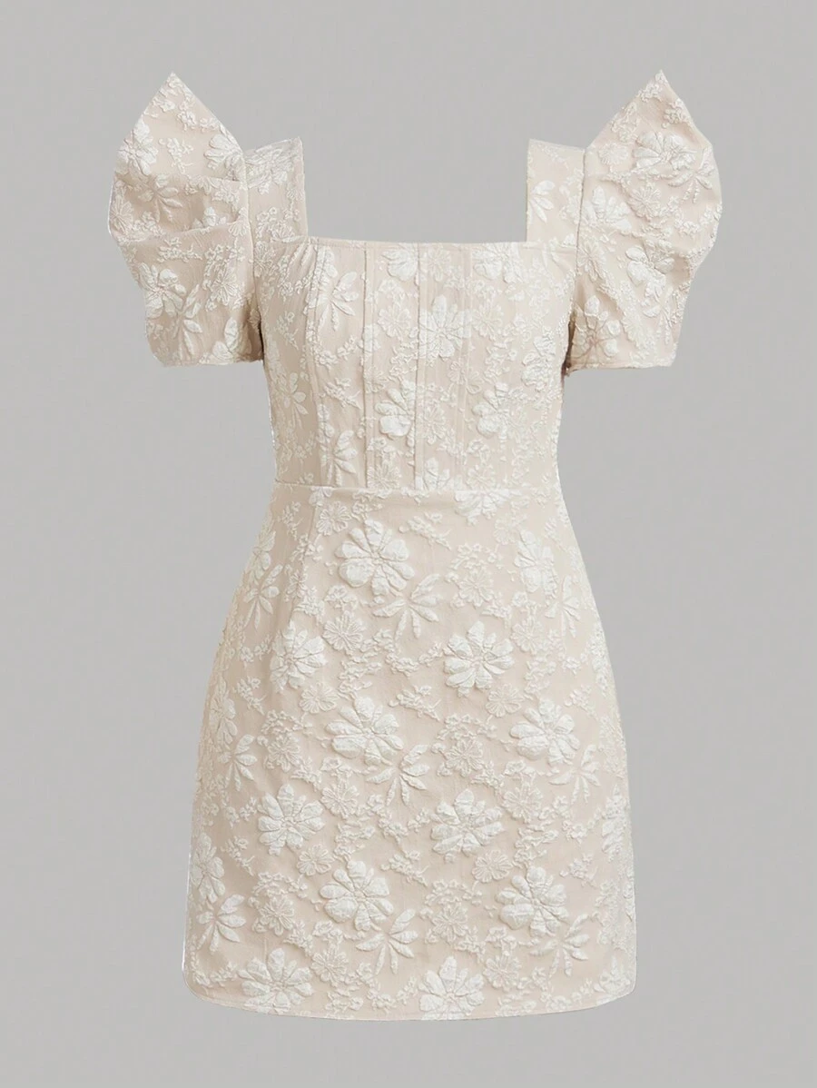 SHEIN Girlism 少女編織提花有方領口和束腰褲裙 - 米色 - 查看 1