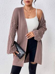 SHEIN Essnce Women's Pearl Studs Drop Shoulder Cardigan - Rust Brown - View 3