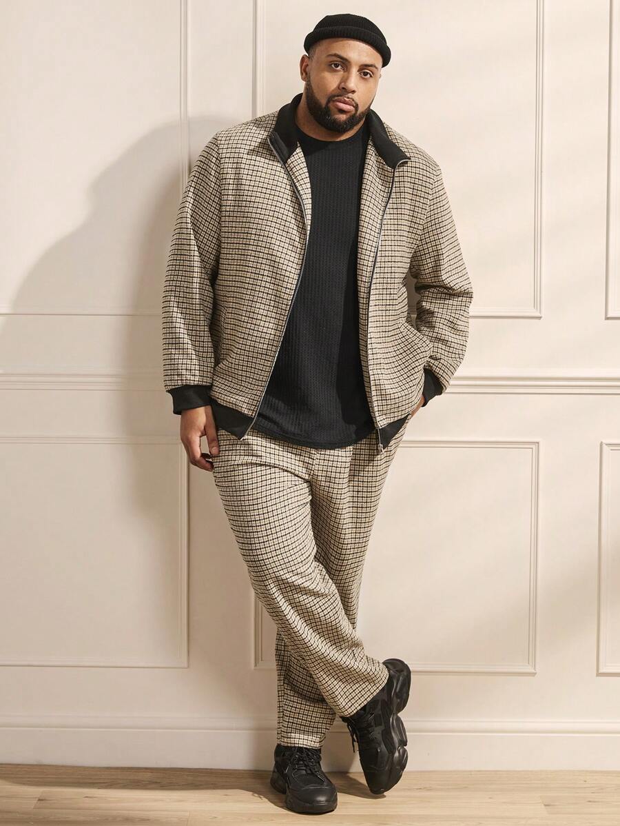 Manfinity VCAY Men's Plus Size Plaid Woven Casual Two Piece Set - Khaki - View 1