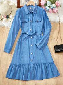 青少年女孩长袖牛仔效果印花腰带装饰休闲连衣裙