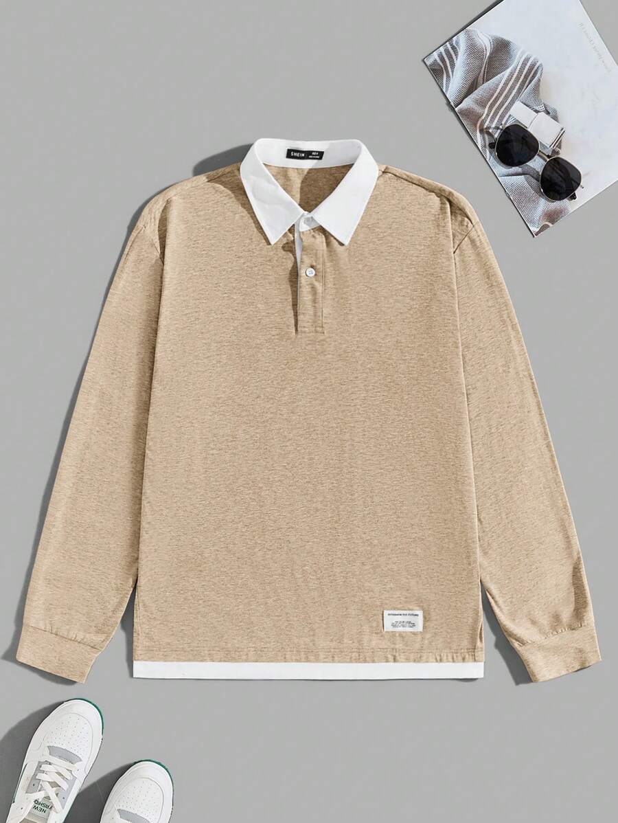 Manfinity VCAY Nam Tương phản Màu sắc Đan Áo polo - Màu Khaki - Xem 1