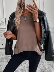 SHEIN Essnce Batwing Sleeve Loose Fit Sweater With Patch Pocket - Mocha Brown - View 7