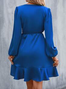 EMERY ROSE Lantern Sleeve Knot Side Ruffle Trim Wrap Satin Dress Fall Cloth For Women - Royal Blue - View 2