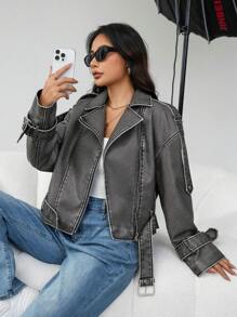 SHEIN Coolane 女士 Pu 腰帶長袖夾克 - 灰色 - 查看 1