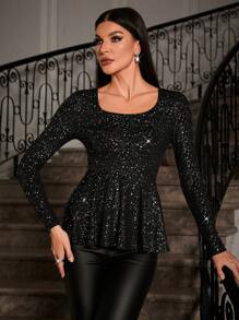 Allurite 女用荷葉邊下擺亮片 T 卹