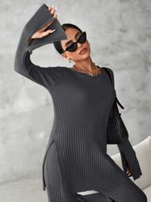 EURMUSE Cotton Split Hem Tee & Flare Leg Pants - Dark Grey - View 3