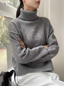 DAZY High Neck Drop Shoulder Sweater Pullover,Long Sleeve Tops