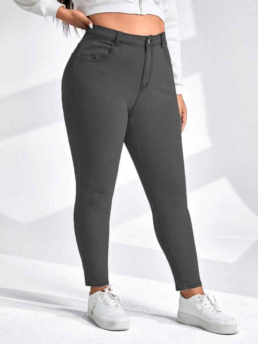 SHEIN Essnce Của phụ nữ Kích thước lớn Màu thuần Quần jean Với Đường chéo Túi - Xám - Xem 1