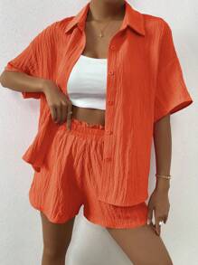 SHEIN Unity Women'S Drop Shoulder Shirt And Shorts Set - Orange - View 5