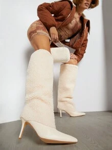 SHUZIA Women Plus Fleece Thick Pointed Toe High Heel Mid-Calf Boots Suitable For Daily Wear, Parties, Gatherings